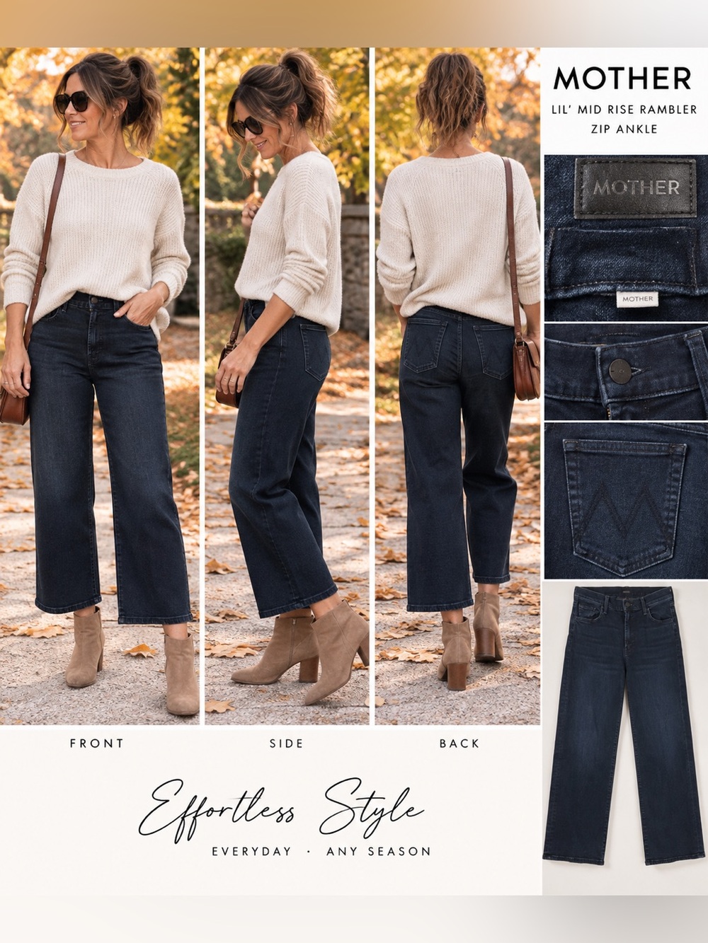MOTHER Lil’ Mid Rise Rambler Zip Ankle Wide Leg Jeans Dark Wash 32